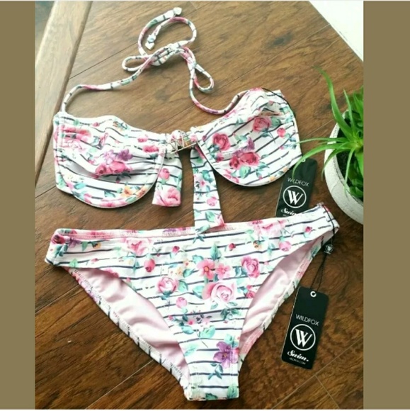 Rose Stripe Bikini Swimsuit Floral Underwire Small - Picture 1 of 5